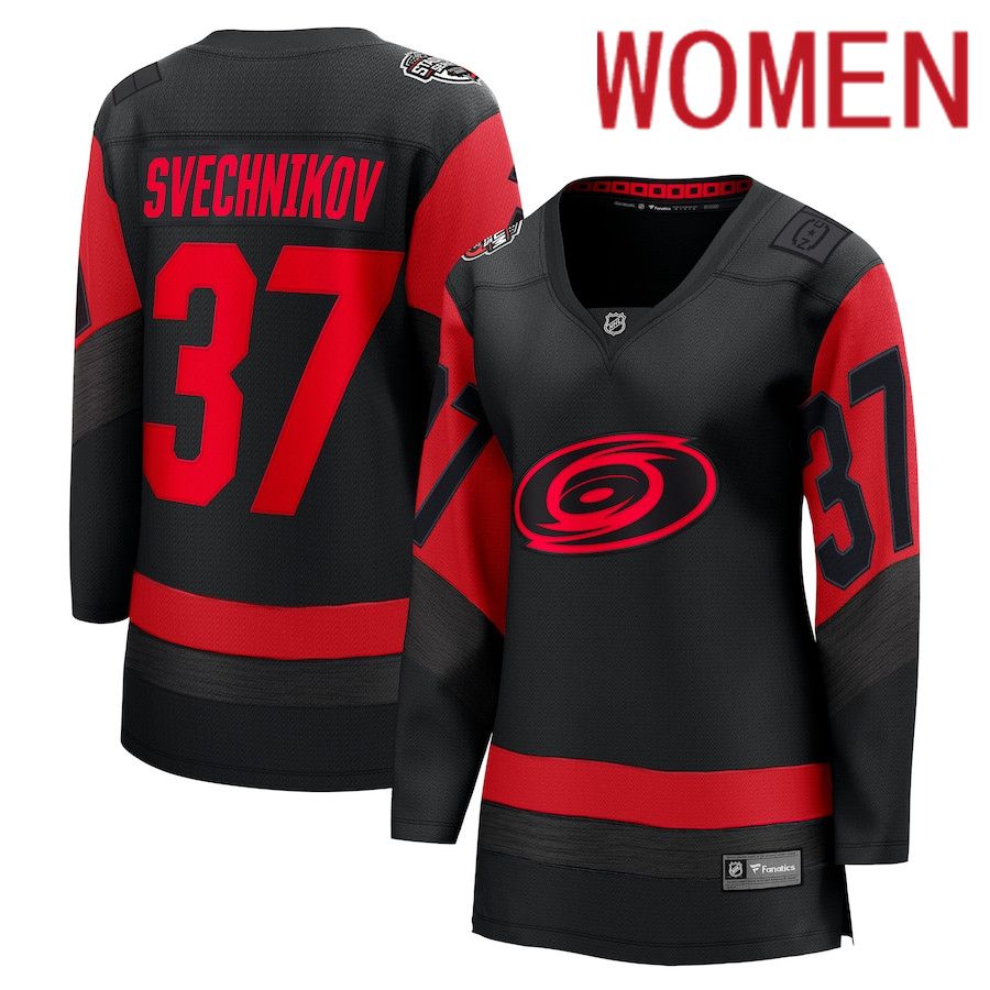 Women Carolina Hurricanes 37 Andrei Svechnikov Fanatics Branded Black 2023 NHL Stadium Series Breakaway Player Jersey